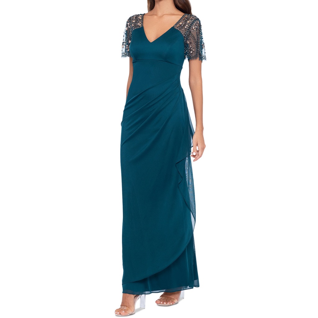 Xscape Emerald Petite Embellished Top Chiffon Evening Gown - Size 12p - Reemoly
